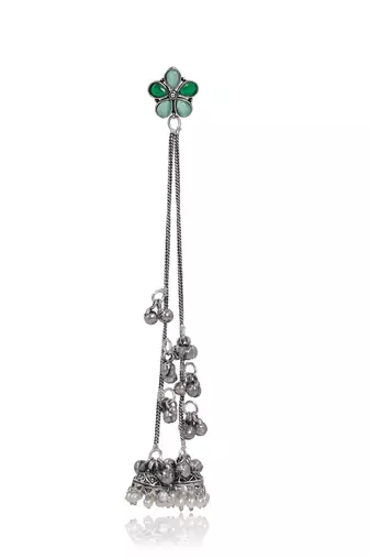Green Floral Long Chain Jhumka Earrings for Women | Oxidised Silver Look Traditional Ethnic Dangler Earrings