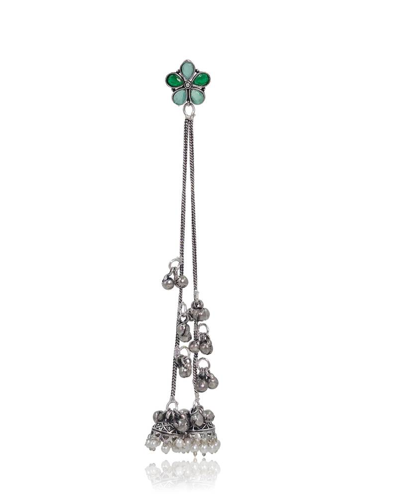 Green Floral Long Chain Jhumka Earrings for Women | Oxidised Silver Look Traditional Ethnic Dangler Earrings
