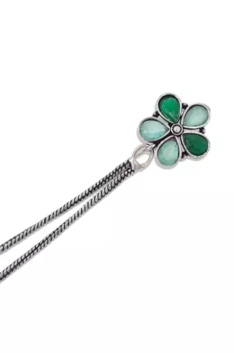 Green Floral Long Chain Jhumka Earrings for Women | Oxidised Silver Look Traditional Ethnic Dangler Earrings