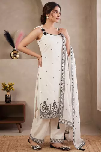 White & black embroidered kurta pant set with maska cotton silk dupatta