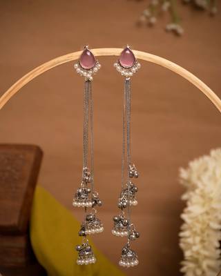 Pink Stone Long Chain Jhumka Earrings for Women | Oxidised Silver Look Traditional Ethnic Dangler Earrings 1