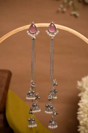 Pink Stone Long Chain Jhumka Earrings for Women | Oxidised Silver Look Traditional Ethnic Dangler Earrings