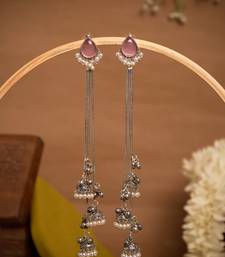 Pink Stone Long Chain Jhumka Earrings for Women | Oxidised Silver Look Traditional Ethnic Dangler Earrings