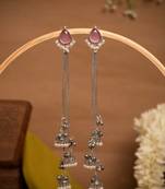 Pink Stone Long Chain Jhumka Earrings for Women | Oxidised Silver Look Traditional Ethnic Dangler Earrings