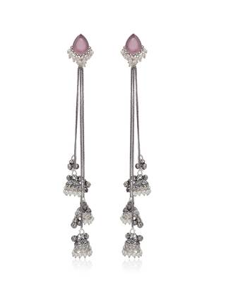 Pink Stone Long Chain Jhumka Earrings for Women | Oxidised Silver Look Traditional Ethnic Dangler Earrings 2