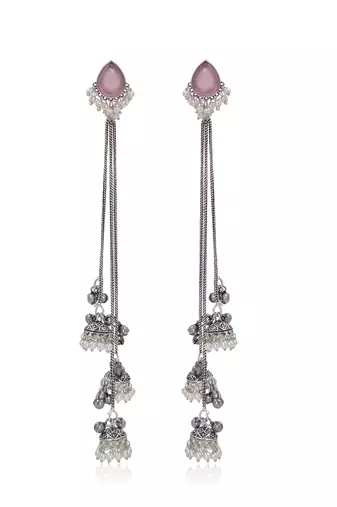 Pink Stone Long Chain Jhumka Earrings for Women | Oxidised Silver Look Traditional Ethnic Dangler Earrings