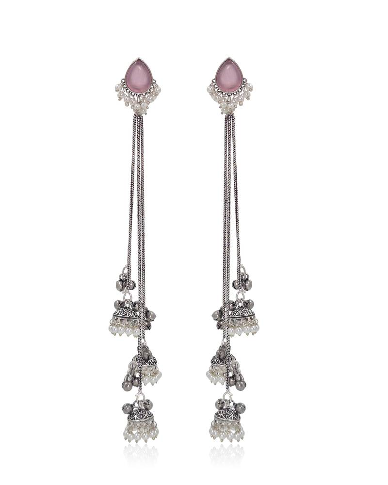 Pink Stone Long Chain Jhumka Earrings for Women | Oxidised Silver Look Traditional Ethnic Dangler Earrings