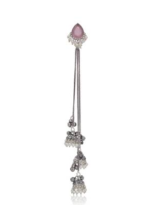 Pink Stone Long Chain Jhumka Earrings for Women | Oxidised Silver Look Traditional Ethnic Dangler Earrings 3