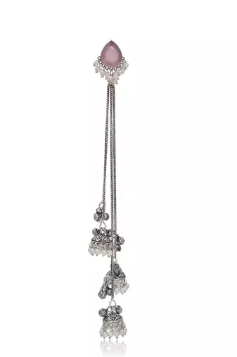 Pink Stone Long Chain Jhumka Earrings for Women | Oxidised Silver Look Traditional Ethnic Dangler Earrings