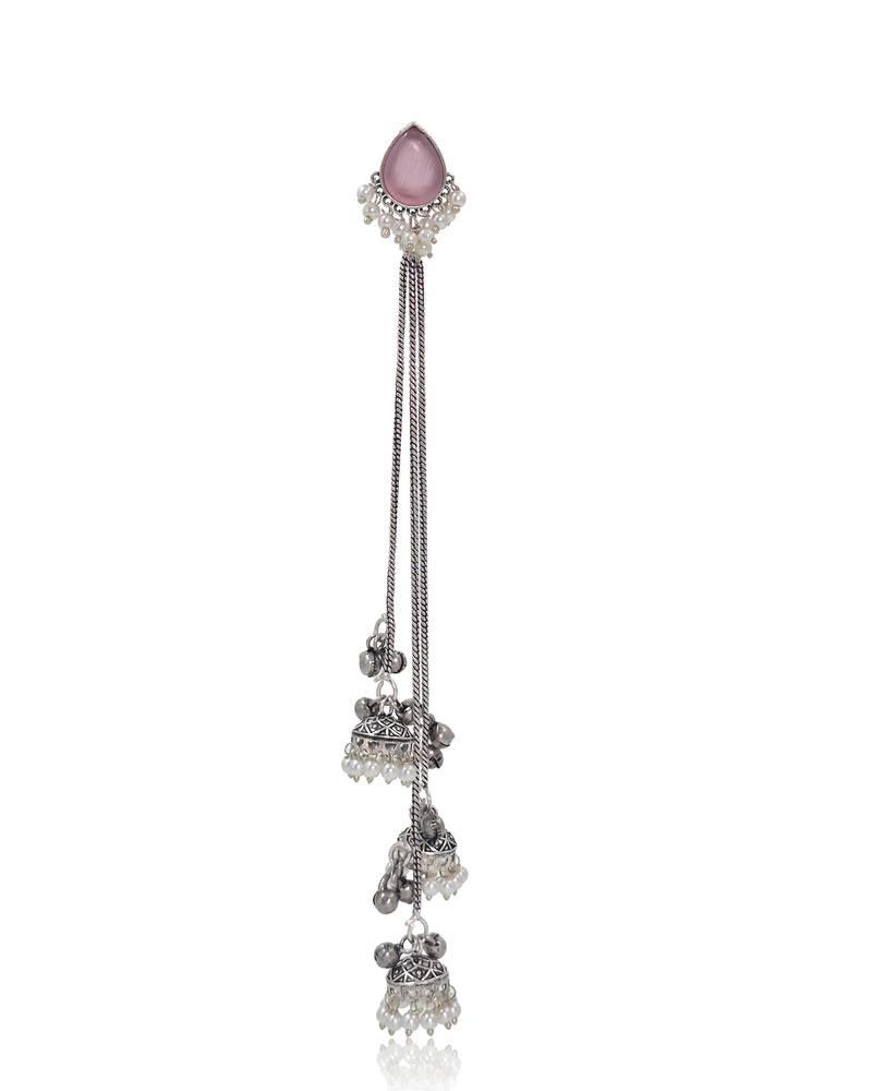 Pink Stone Long Chain Jhumka Earrings for Women | Oxidised Silver Look Traditional Ethnic Dangler Earrings