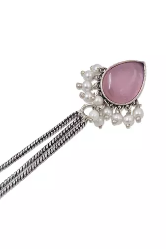 Pink Stone Long Chain Jhumka Earrings for Women | Oxidised Silver Look Traditional Ethnic Dangler Earrings