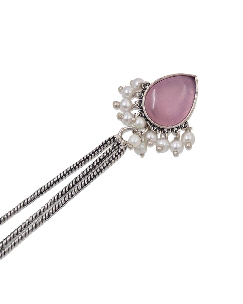 Pink Stone Long Chain Jhumka Earrings for Women | Oxidised Silver Look Traditional Ethnic Dangler Earrings