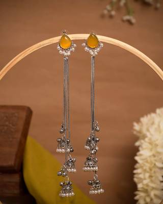 Yellow Stone Long Chain Jhumka Earrings for Women | Oxidised Silver Look Traditional Ethnic Dangler Earrings 1