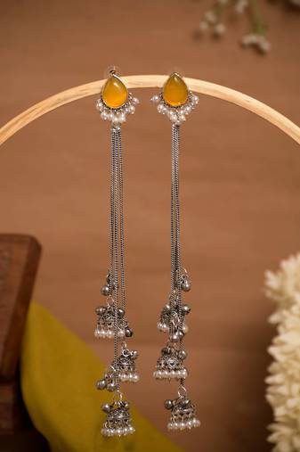 Yellow Stone Long Chain Jhumka Earrings for Women | Oxidised Silver Look Traditional Ethnic Dangler Earrings