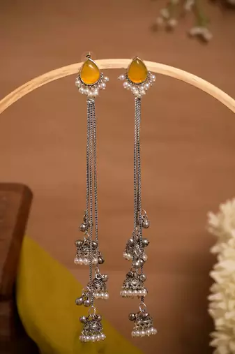 Yellow Stone Long Chain Jhumka Earrings for Women | Oxidised Silver Look Traditional Ethnic Dangler Earrings