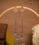Yellow Stone Long Chain Jhumka Earrings for Women | Oxidised Silver Look Traditional Ethnic Dangler Earrings
