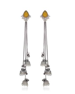 Yellow Stone Long Chain Jhumka Earrings for Women | Oxidised Silver Look Traditional Ethnic Dangler Earrings 2