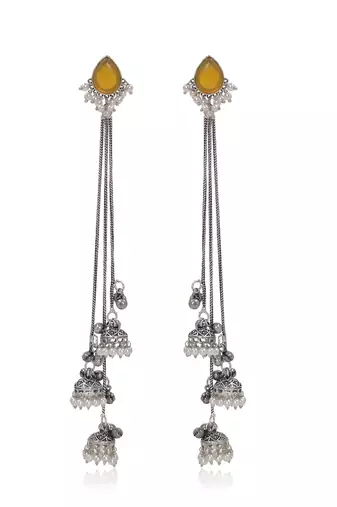 Yellow Stone Long Chain Jhumka Earrings for Women | Oxidised Silver Look Traditional Ethnic Dangler Earrings