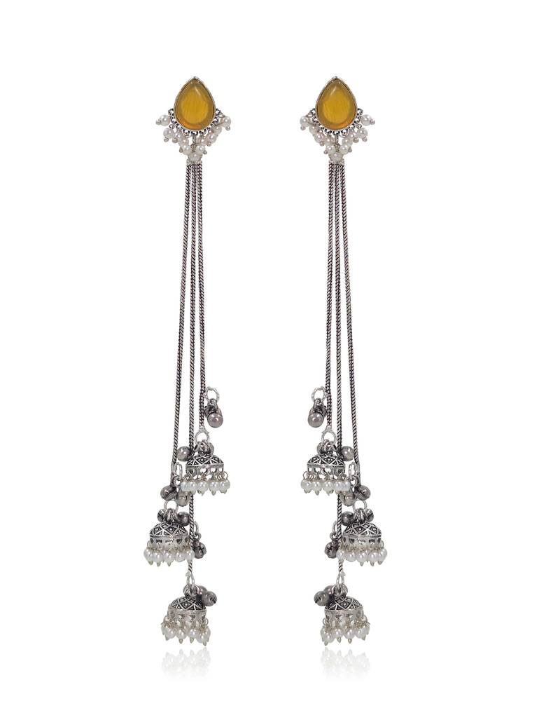 Yellow Stone Long Chain Jhumka Earrings for Women | Oxidised Silver Look Traditional Ethnic Dangler Earrings