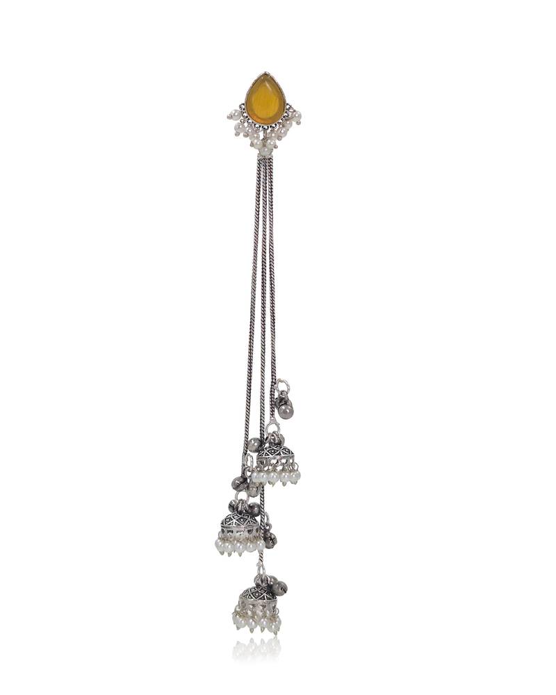 Yellow Stone Long Chain Jhumka Earrings for Women | Oxidised Silver Look Traditional Ethnic Dangler Earrings