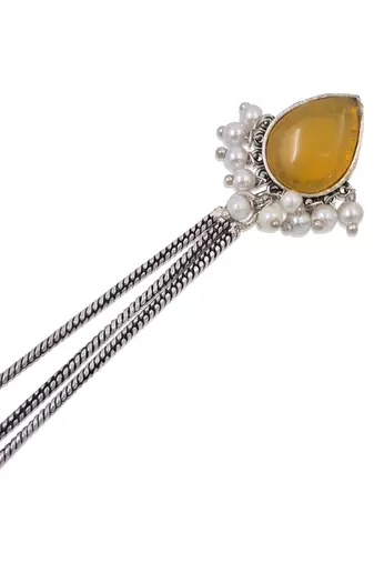 Yellow Stone Long Chain Jhumka Earrings for Women | Oxidised Silver Look Traditional Ethnic Dangler Earrings