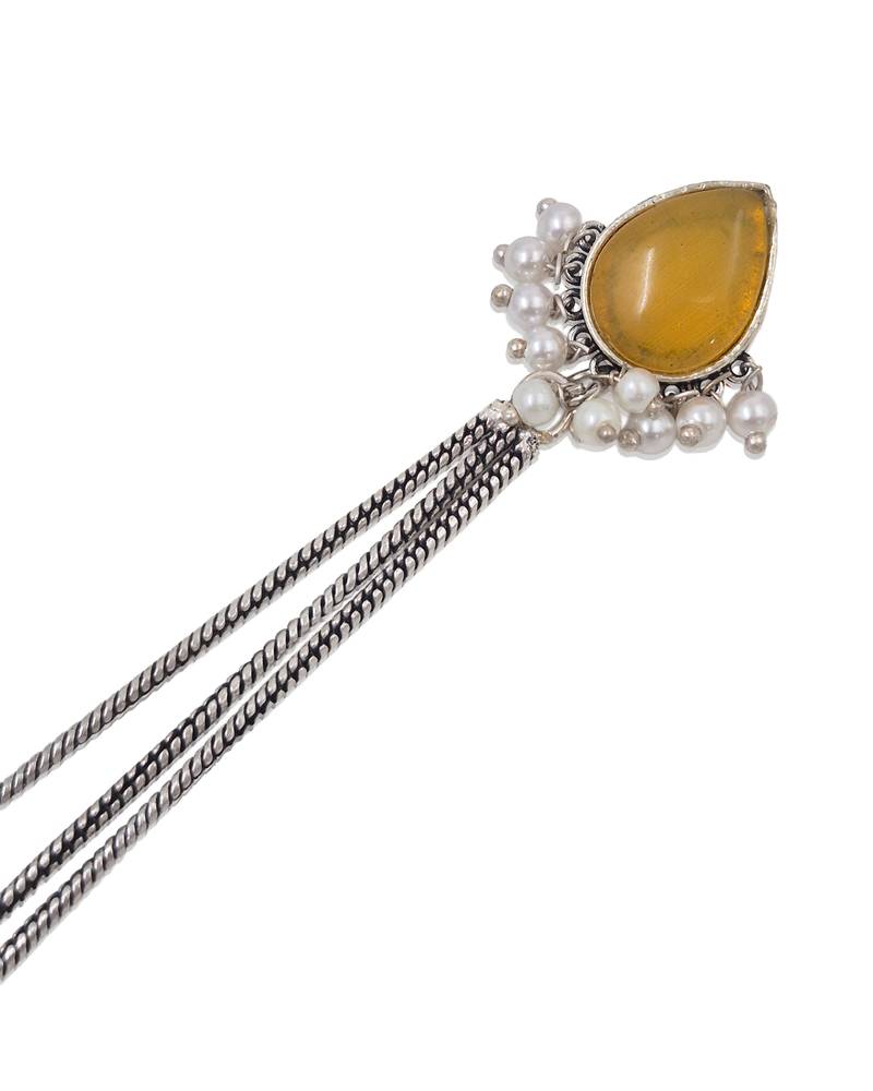 Yellow Stone Long Chain Jhumka Earrings for Women | Oxidised Silver Look Traditional Ethnic Dangler Earrings