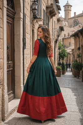D green banarasi silk free size stitched anarkali gown with weaving work 3