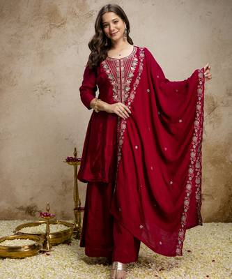 Maroon mul chanderi kurta palazzo set with dupatta 1