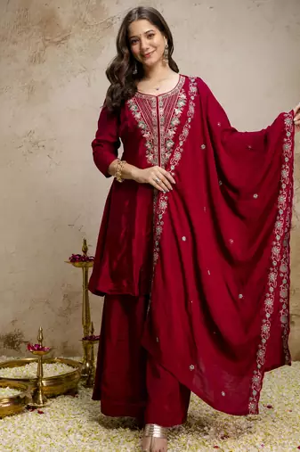 Maroon mul chanderi kurta palazzo set with dupatta