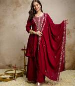 Maroon mul chanderi kurta palazzo set with dupatta