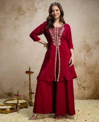 Maroon mul chanderi kurta palazzo set with dupatta 2