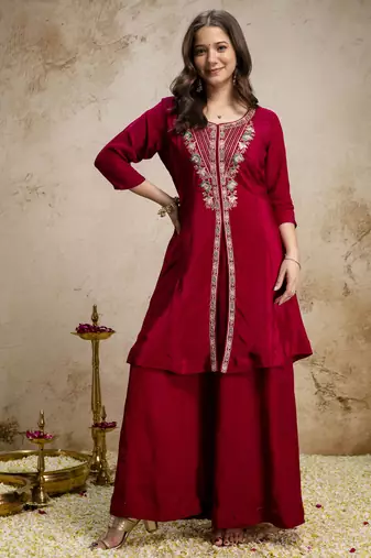 Maroon mul chanderi kurta palazzo set with dupatta