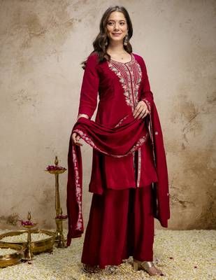 Maroon mul chanderi kurta palazzo set with dupatta 3