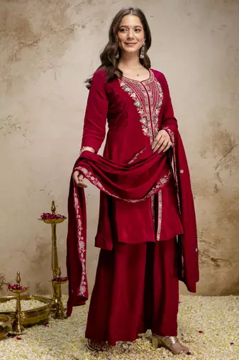 Maroon mul chanderi kurta palazzo set with dupatta