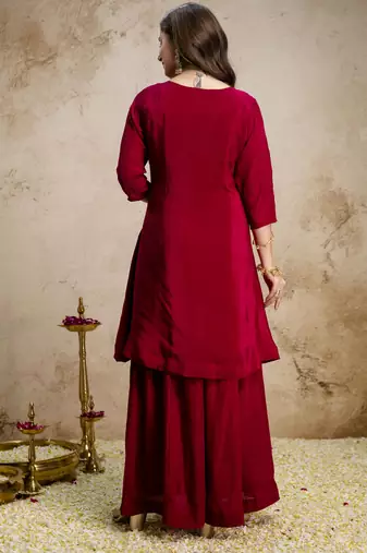 Maroon mul chanderi kurta palazzo set with dupatta