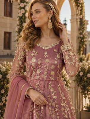 Pink embroidered butterfly net semi stitched anarkali suit 2