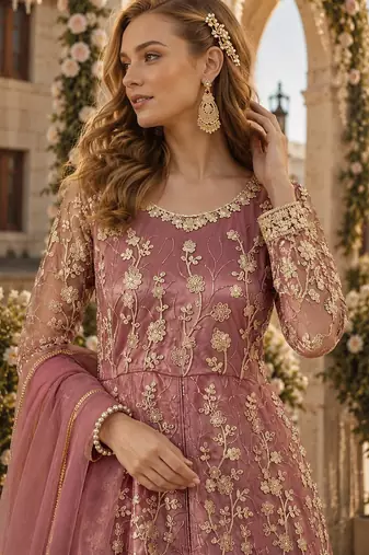 Pink embroidered butterfly net semi stitched anarkali suit
