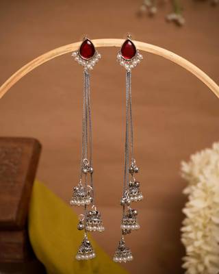 Red Stone Long Chain Jhumka Earrings for Women | Oxidised Silver Look Traditional Ethnic Dangler Earrings 1
