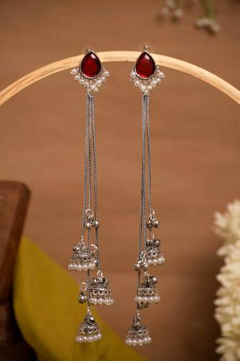 Red Stone Long Chain Jhumka Earrings for Women | Oxidised Silver Look Traditional Ethnic Dangler Earrings