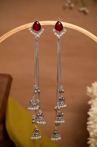 Red Stone Long Chain Jhumka Earrings for Women | Oxidised Silver Look Traditional Ethnic Dangler Earrings