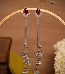 Red Stone Long Chain Jhumka Earrings for Women | Oxidised Silver Look Traditional Ethnic Dangler Earrings