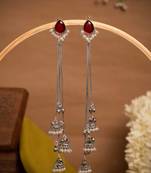 Red Stone Long Chain Jhumka Earrings for Women | Oxidised Silver Look Traditional Ethnic Dangler Earrings