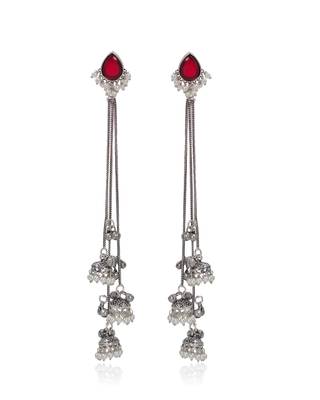 Red Stone Long Chain Jhumka Earrings for Women | Oxidised Silver Look Traditional Ethnic Dangler Earrings 2