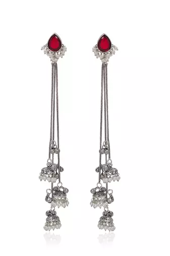 Red Stone Long Chain Jhumka Earrings for Women | Oxidised Silver Look Traditional Ethnic Dangler Earrings