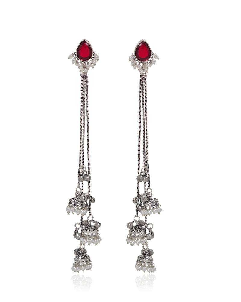 Red Stone Long Chain Jhumka Earrings for Women | Oxidised Silver Look Traditional Ethnic Dangler Earrings