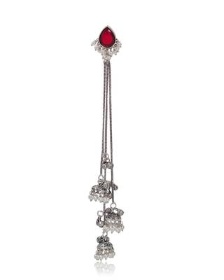 Red Stone Long Chain Jhumka Earrings for Women | Oxidised Silver Look Traditional Ethnic Dangler Earrings 3