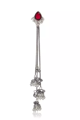 Red Stone Long Chain Jhumka Earrings for Women | Oxidised Silver Look Traditional Ethnic Dangler Earrings