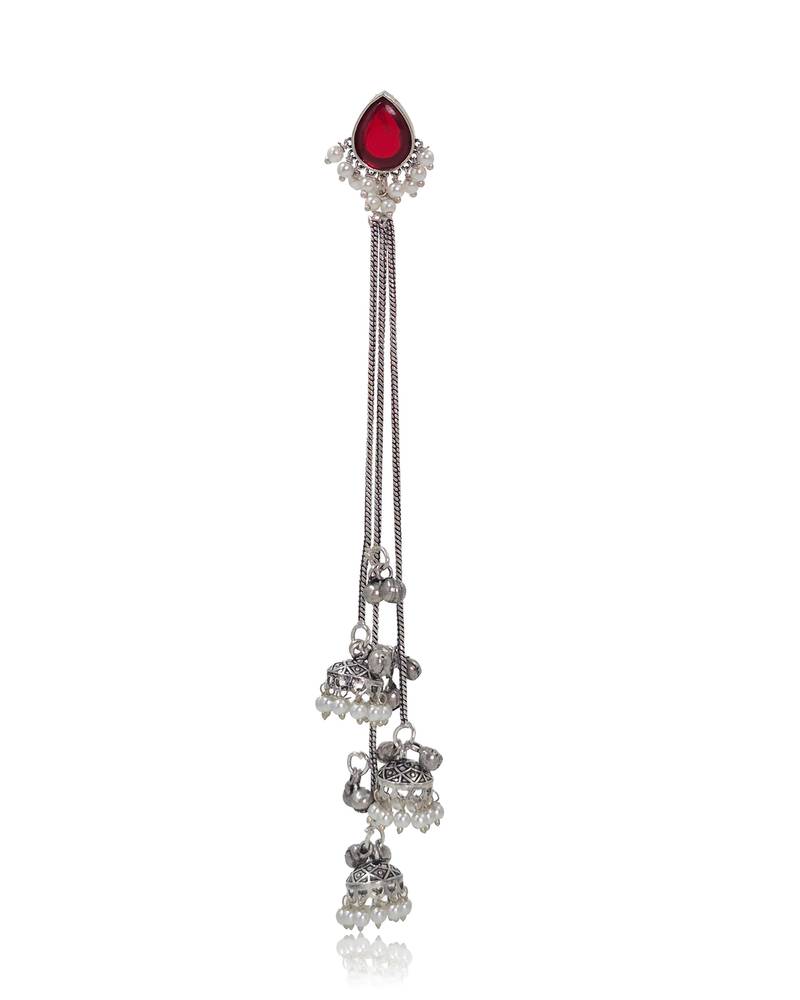 Red Stone Long Chain Jhumka Earrings for Women | Oxidised Silver Look Traditional Ethnic Dangler Earrings