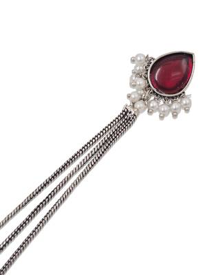 Red Stone Long Chain Jhumka Earrings for Women | Oxidised Silver Look Traditional Ethnic Dangler Earrings 4