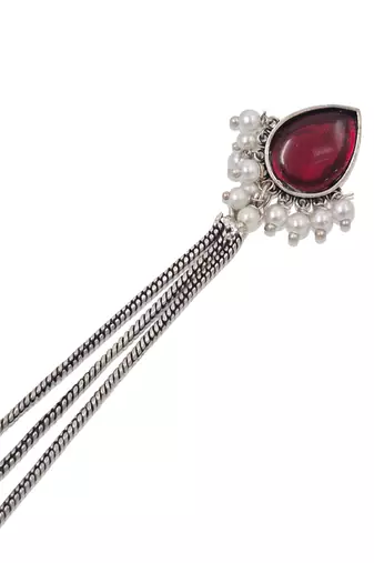 Red Stone Long Chain Jhumka Earrings for Women | Oxidised Silver Look Traditional Ethnic Dangler Earrings
